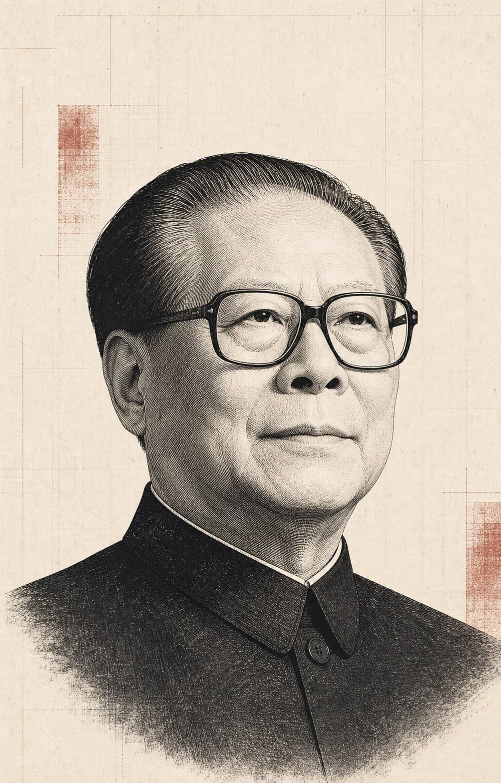 江泽民单色版画风格编辑插画